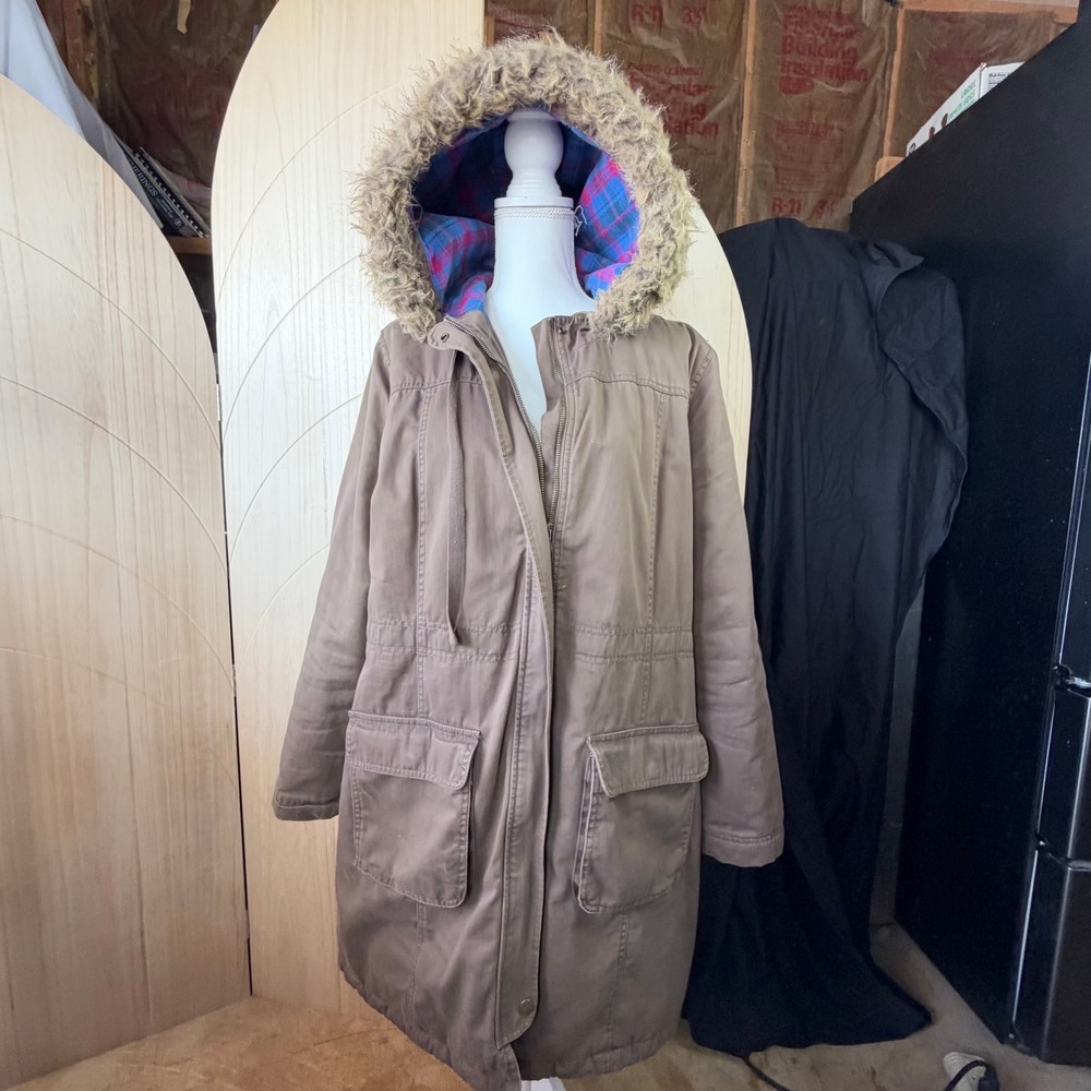 Old Navy Parka Jacket Women XL Brown Faux Fur Trim Hood Plaid Lined Utility
